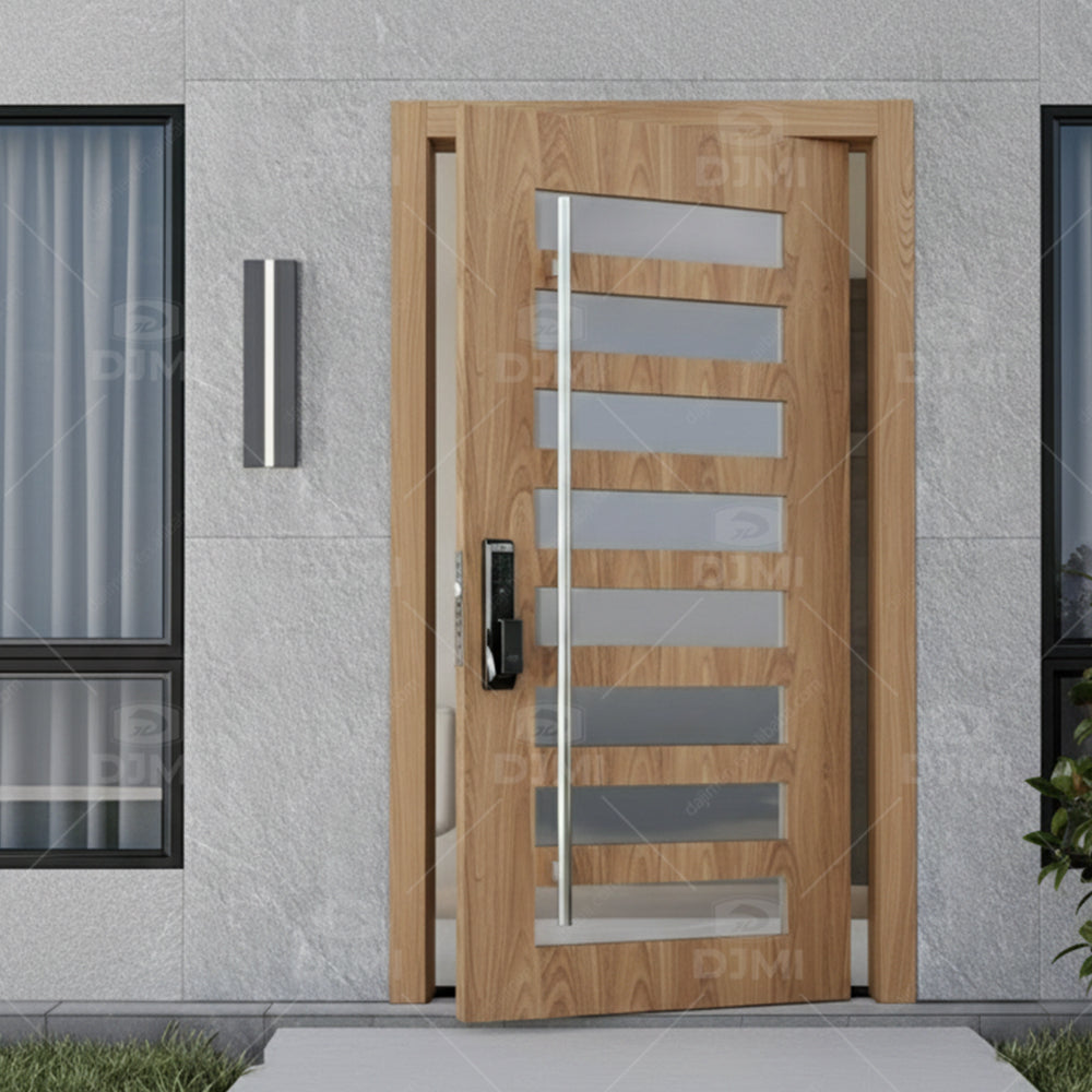 Natural Ash Solid Wood clear Lacquer 3D Irregular Surface Design Modern Front Entry Pivot Door with Long Handle and Smart Lock - 图片 3