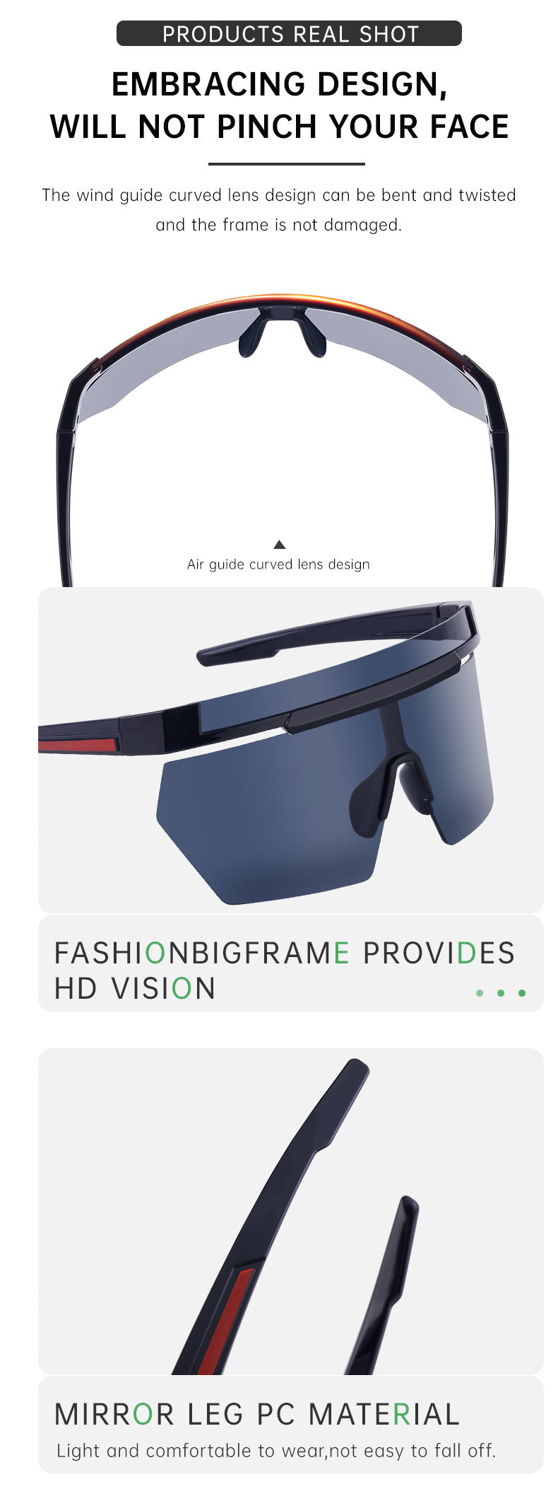 European and American Style Colorful Outdoor Sports Cycling Sunglasses for Women Trendy Fashion One-piece Windproof Sunglasses for Men Wholesale - 图片 13