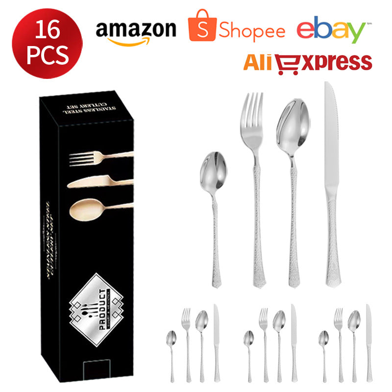 Stainless Steel Tableware Hotel Restaurant Crown Hammered Knife Fork Spoon24Set of Western Steak Knives and Forks - 图片 11