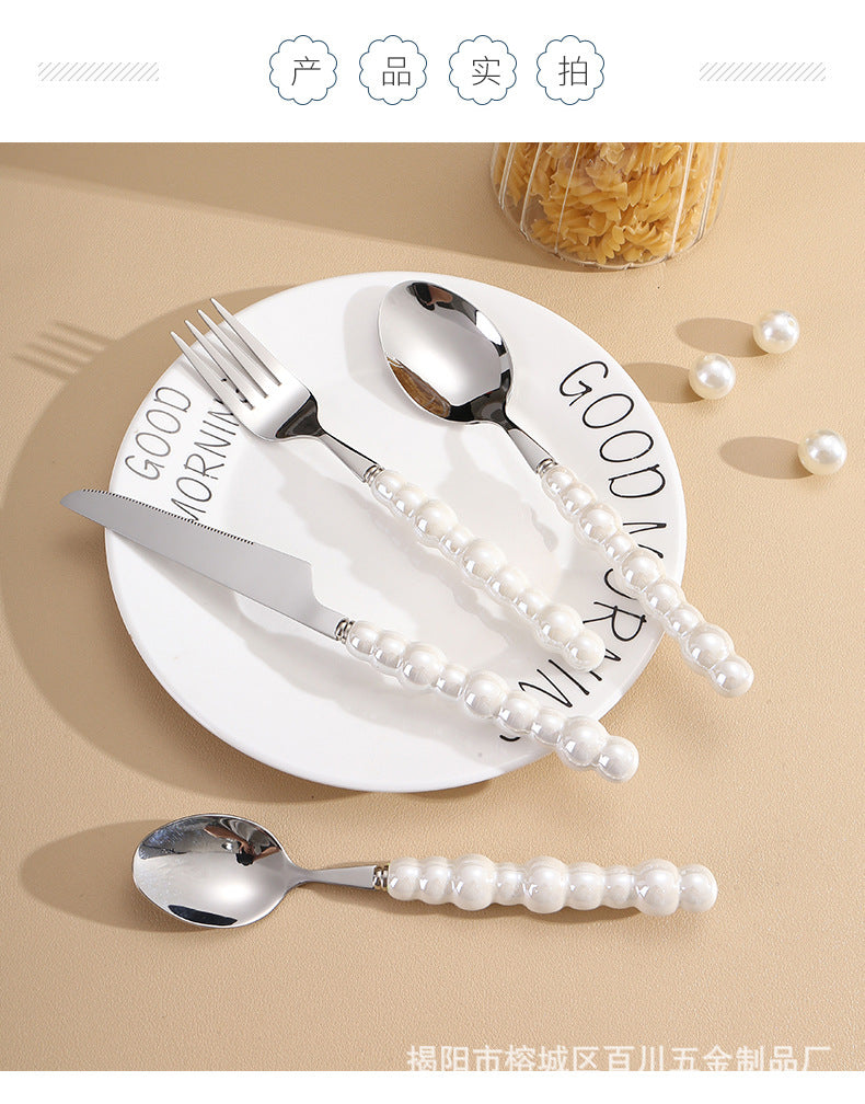 Pearl Ceramic Handle Knife European Style Set Light Luxury Nordic Style304Stainless Steel Western Cutlery Knife Fork Spoon INS - 图片 23