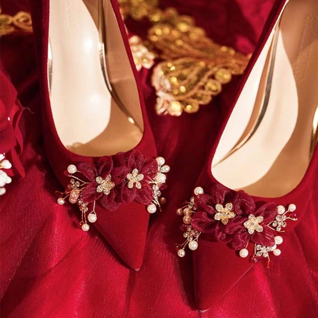2025New Style Chinese-French Wedding Dress Toast Wedding Banquet Wedding Shoes Women Xiuhe Dress Low Heel Comfortable Bride High Heels - 图片 9