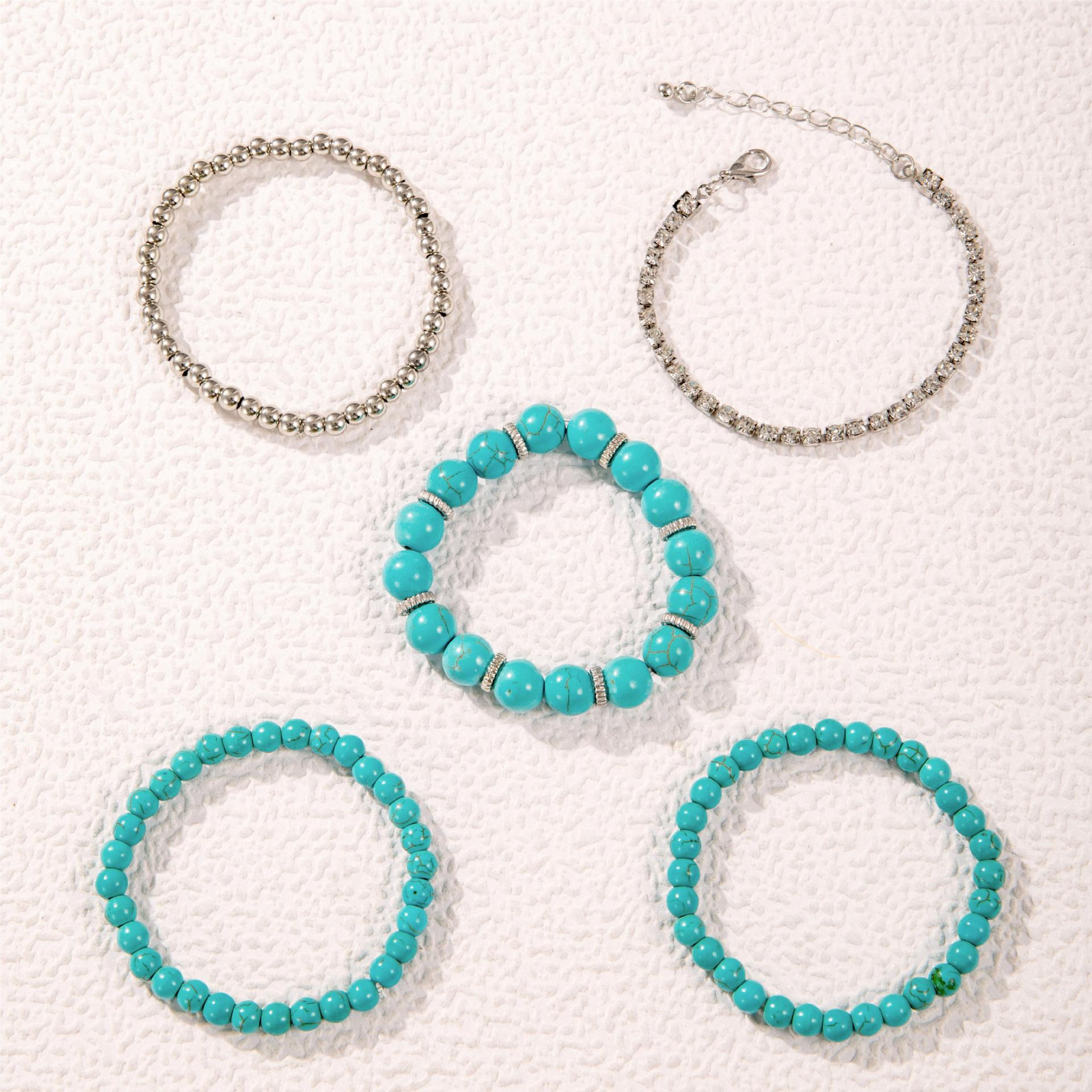 Bohemian Style Turquoise Multi-Layer Stacking Bracelet Set Light Luxury Diamond-encrusted Chain Beaded Bracelet - 图片 10