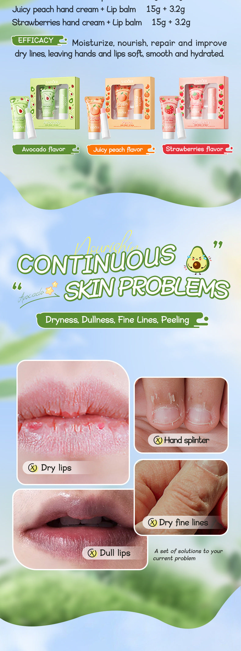 Avocado Hand Cream Lip Balm Set SADOER Nourishing Autumn and Winter Hand Cream Lip Balm Cross-Border Wholesale - 图片 9