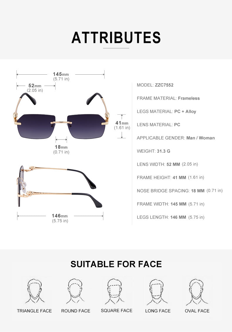 European and American Frameless Cut Edge Leopard Temple Sunglasses for Men Retro Square Frame Driving Sun Protection Sunglasses Wholesale Glasses - 图片 17