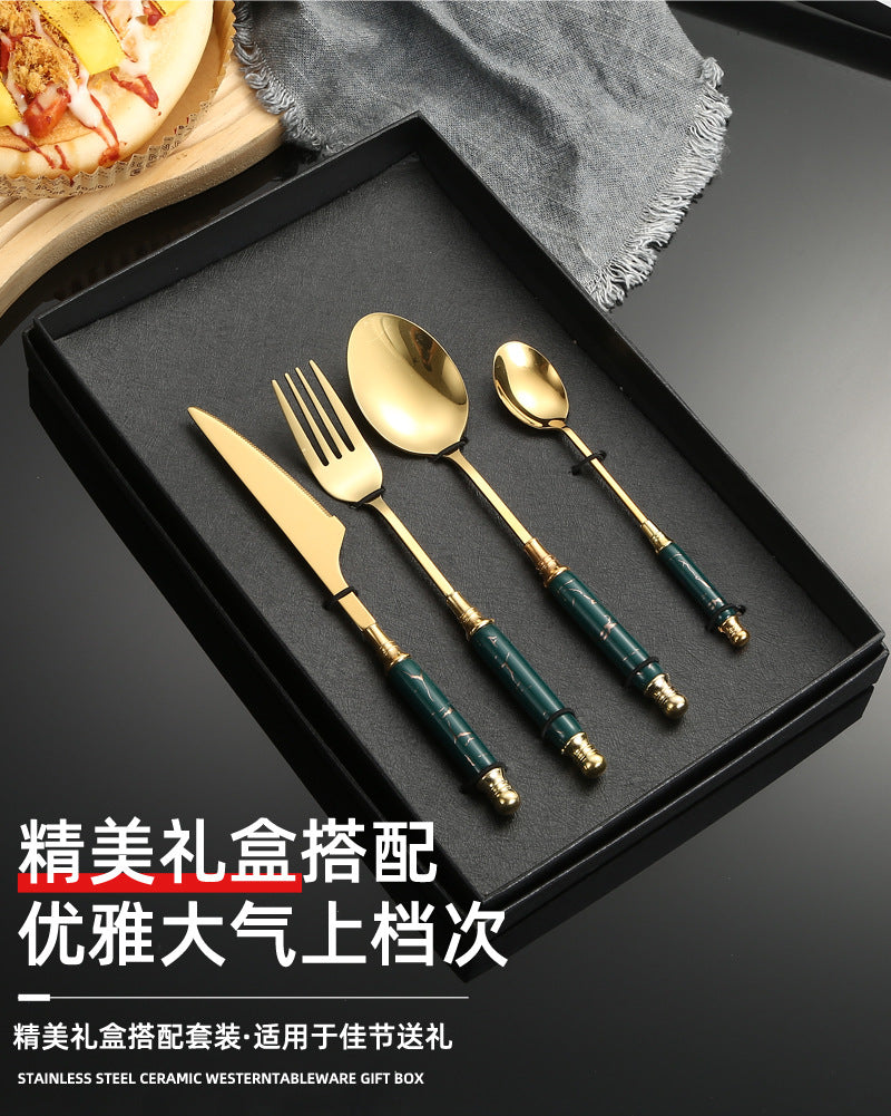 Stainless Steel Cutlery Restaurant Western Steak Knife Fork Imitation Marble Pattern Ceramic Handle Knife Fork Spoon Tea Spoon Tea Fork Set - 图片 35