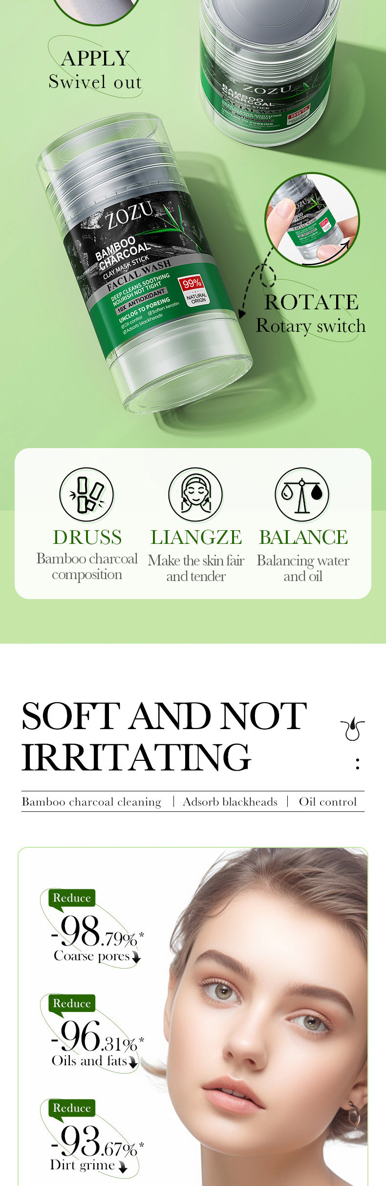 Bamboo Charcoal Solid Mask40g ZOZU Clean pores refreshing portable clay mask stick cross-border wholesale - 图片 8