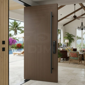 Villa Home Outdoor Timber Door for House Gong groove Line Carving Solid Wood Front Entry Pivot Door with Black Long Handle