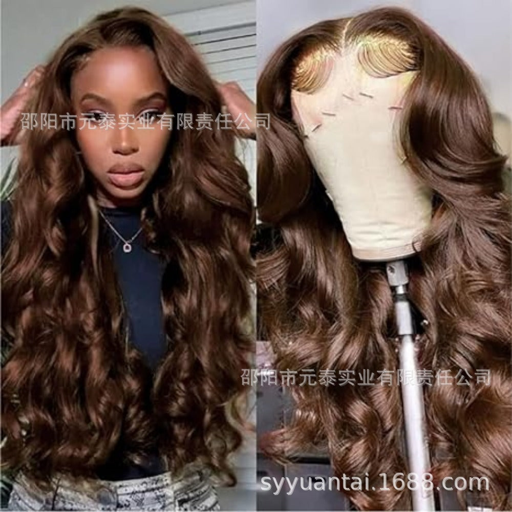 13x4x1Foreign Trade Hot-Selling Wig for European and American Women, Front Lace Wig, Synthetic Chocolate Color, Big Curly Rilley Style - 图片 6
