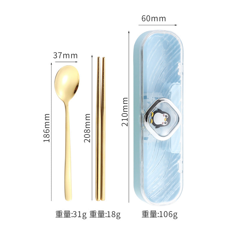 304Stainless Steel Tableware Student Cartoon Portable Tableware Set Work Outdoor Fork Spoon Chopsticks Three-piece Set - 图片 15