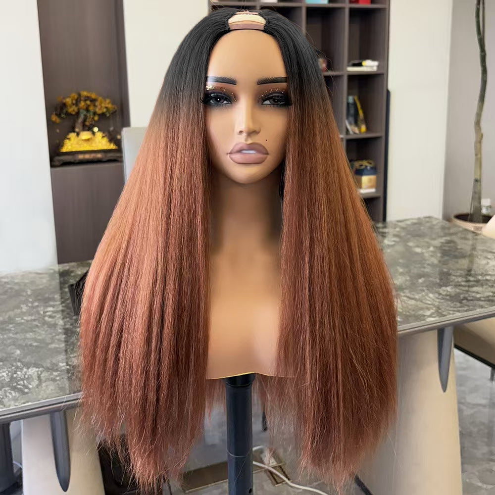 Factory Direct Sale V-part brown Yaki Straight Wig - 图片 8