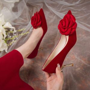Comfortable French Fairy Red Rose Wedding Shoes Bride Shoes Elegant Satin Thin Heel Pointed High Heels for Women
