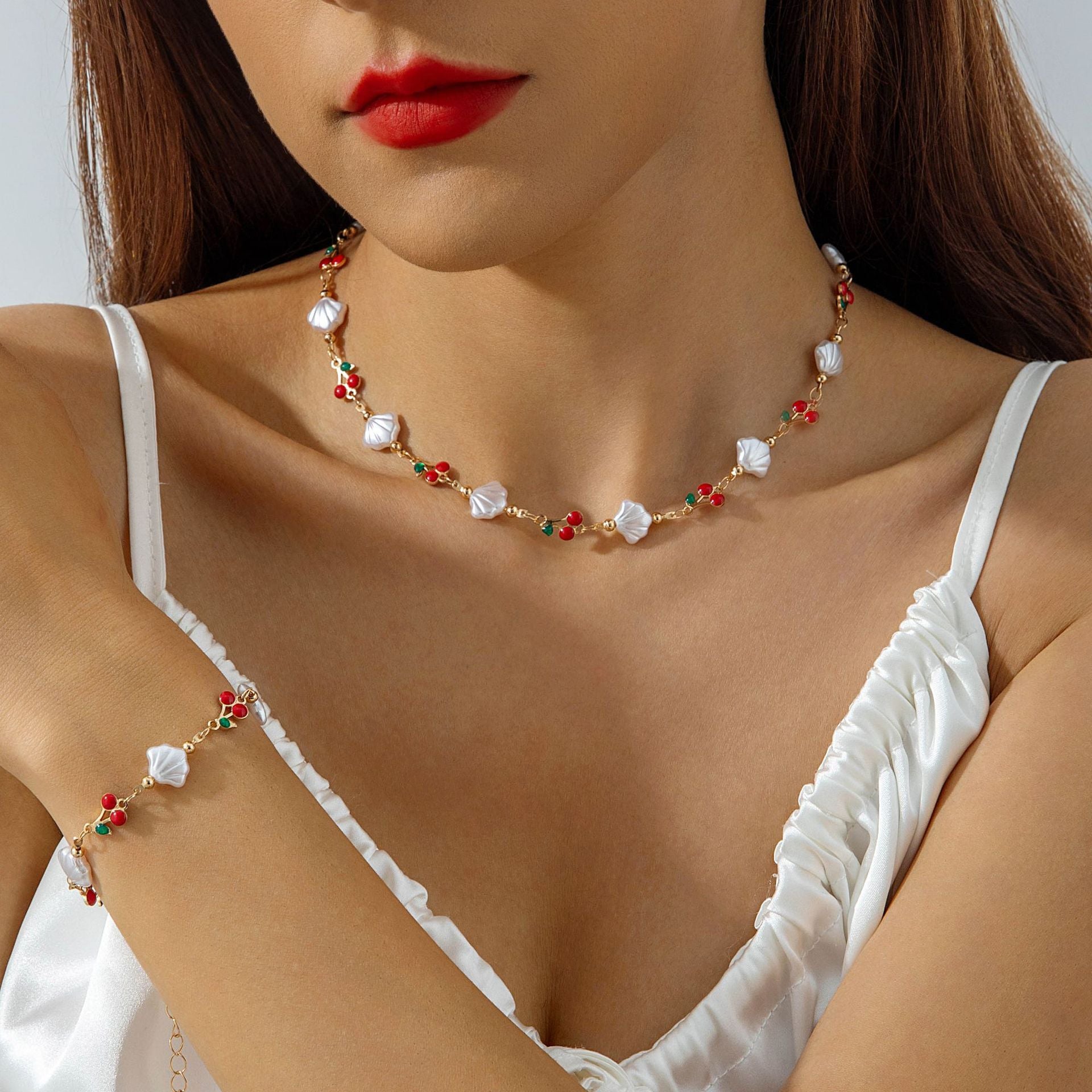 European and American Style Jewelry Light Luxury Imitation Pearl Cherry Necklace High-End Versatile Grass Multi-Layer Stacking Necklace Wholesale - 图片 17