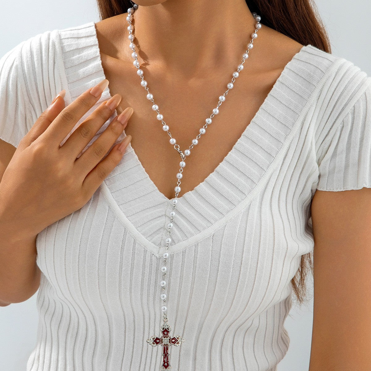 European and American Fashion Jewelry Beaded Tassel Double Layer Long Necklace Elegant Multi-layer Wear Y Type Necklace Ornament - 图片 7