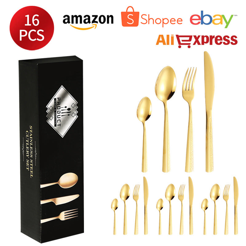 410Stainless Steel Tableware Hotel Restaurant Sand Texture Knife Fork Spoon Tea Spoon24Set of gold Western Steak Knives and Forks - 图片 17