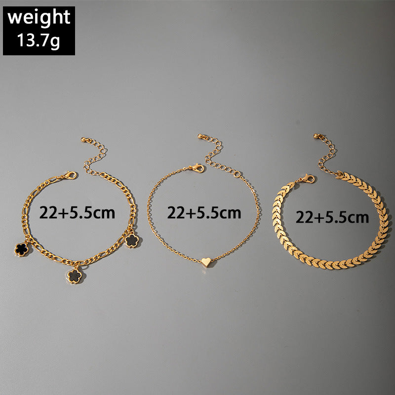 European and American Fashion Alloy Inlaid Diamond Five-Leaf Clover Bracelet Jewelry Three-Piece Set Simple Geometric Smooth Bracelet Wholesale - 图片 74