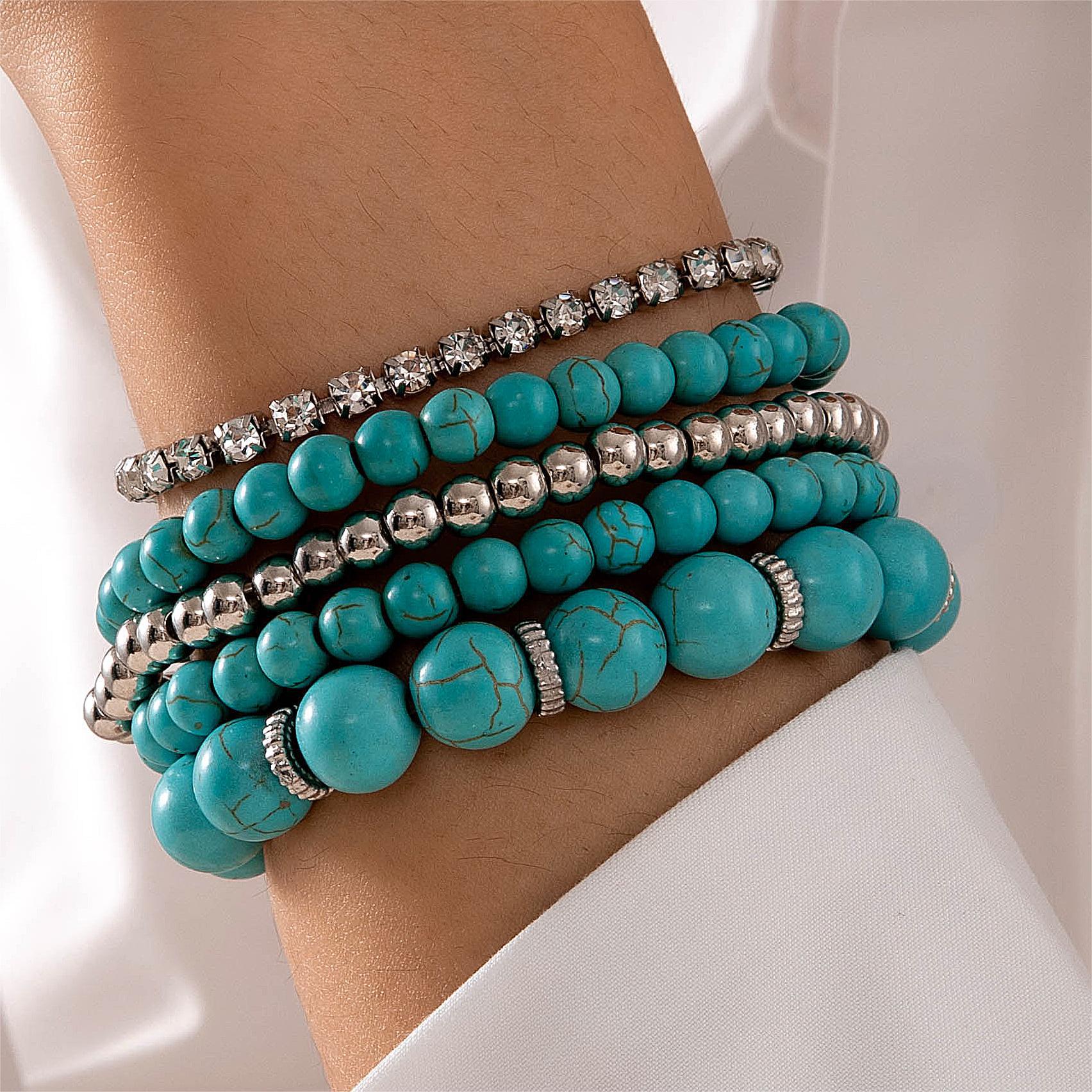 Bohemian Style Turquoise Multi-Layer Stacking Bracelet Set Light Luxury Diamond-encrusted Chain Beaded Bracelet - 图片 3