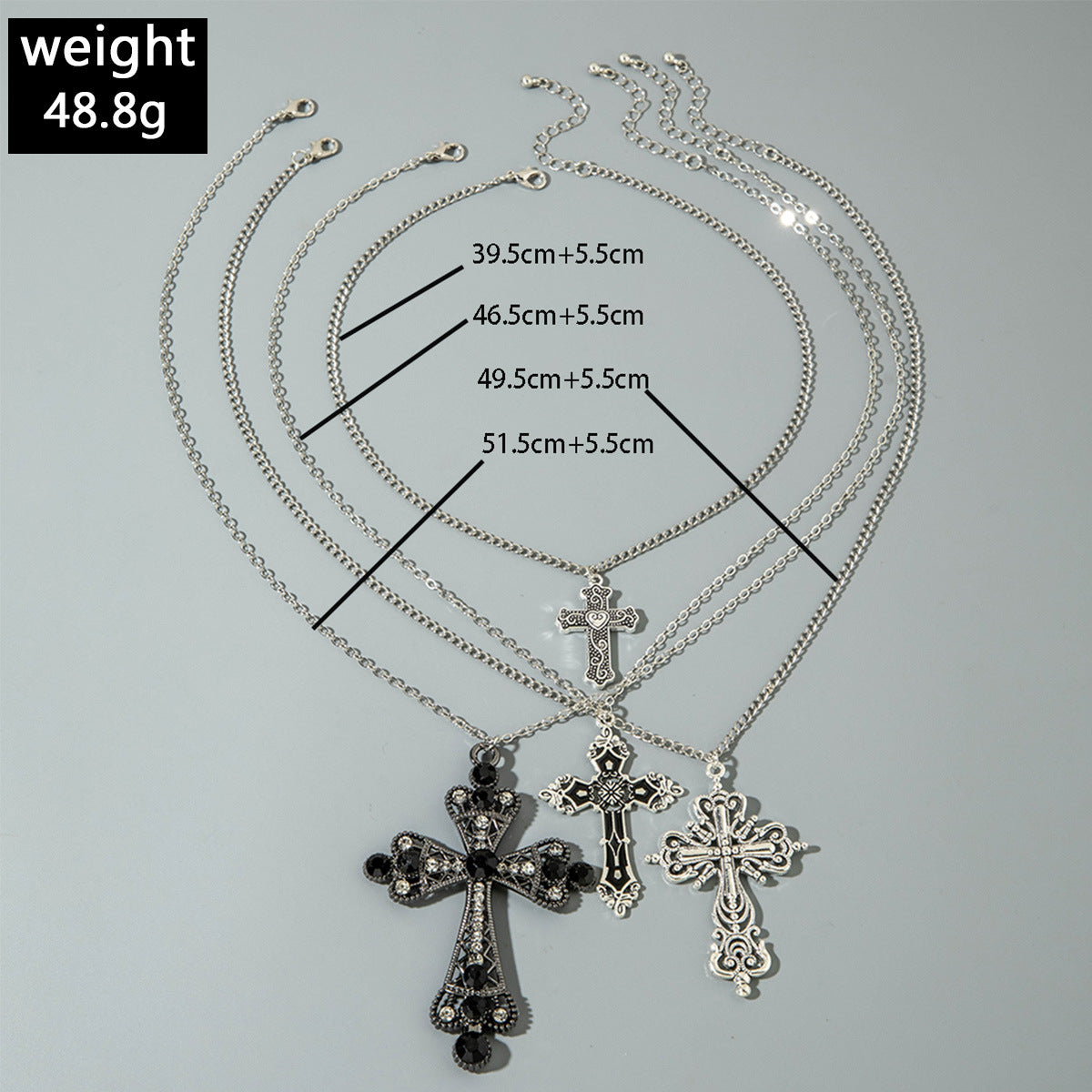 European and American Retro Hollow Diamond Cross Pendant Necklace Gothic Style Black Layered Wear Y Type Necklace - 图片 44