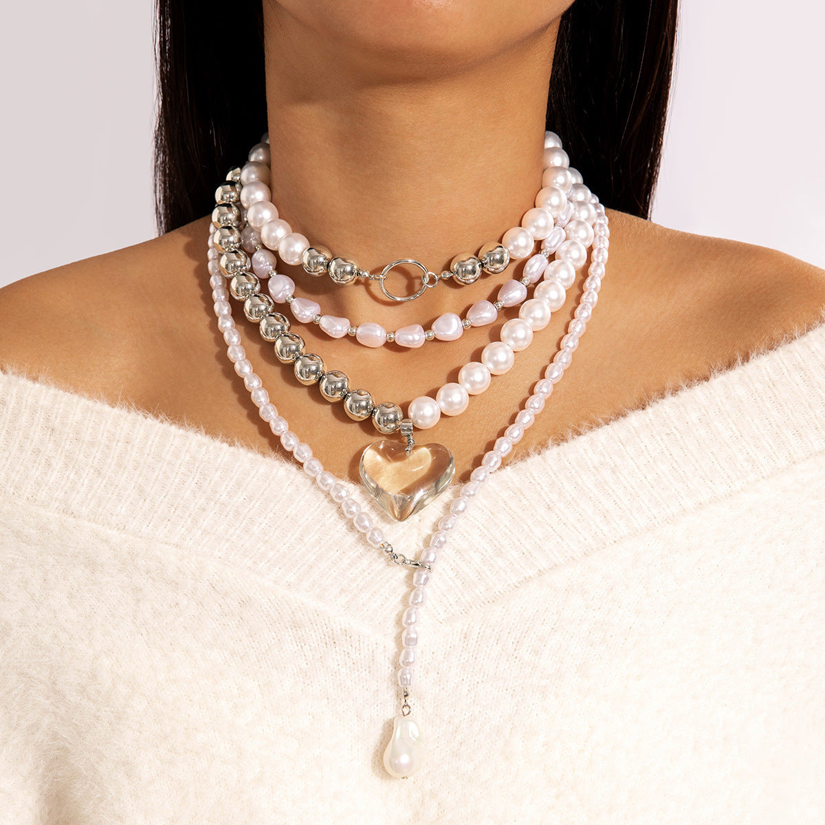 Ornament Layered Wear CCB Peach Heart Necklace Wholesale Baroque Metal Pendant Pearl Necklace - 图片 9