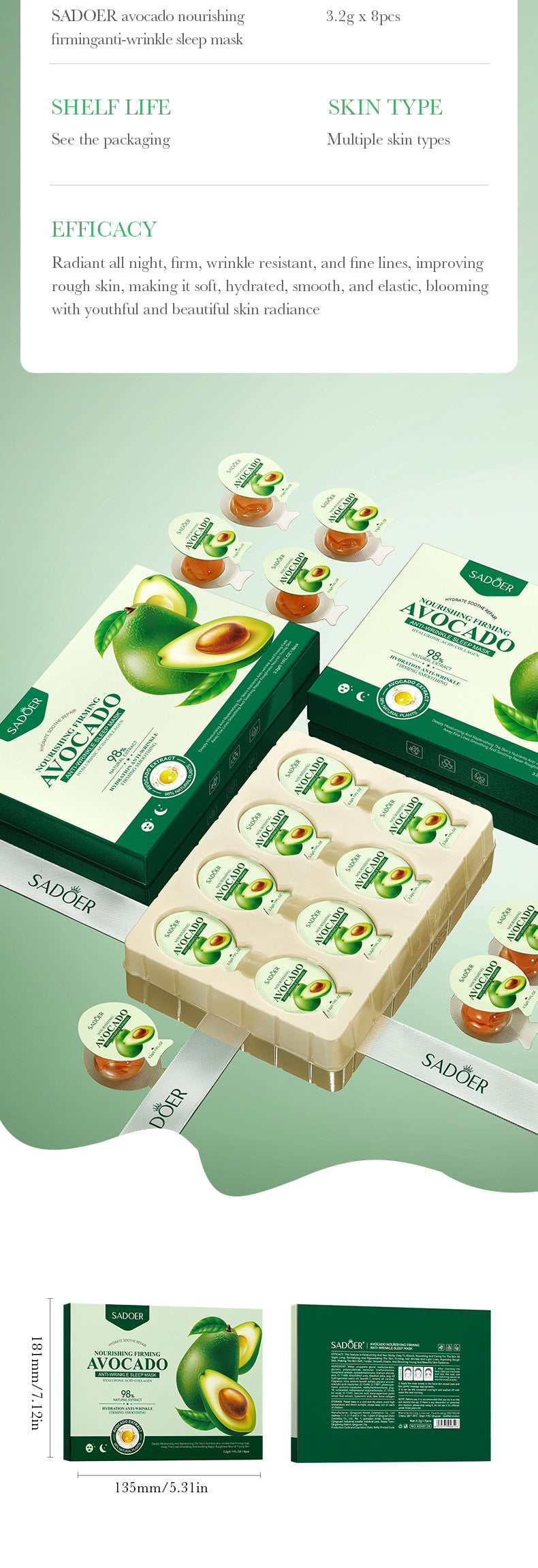 Sleep Mask SADOER Avocado Portable Smear-On Nourishing Anti-Wrinkle Freeze Mask Cross-Border Foreign Trade Wholesale - 图片 16