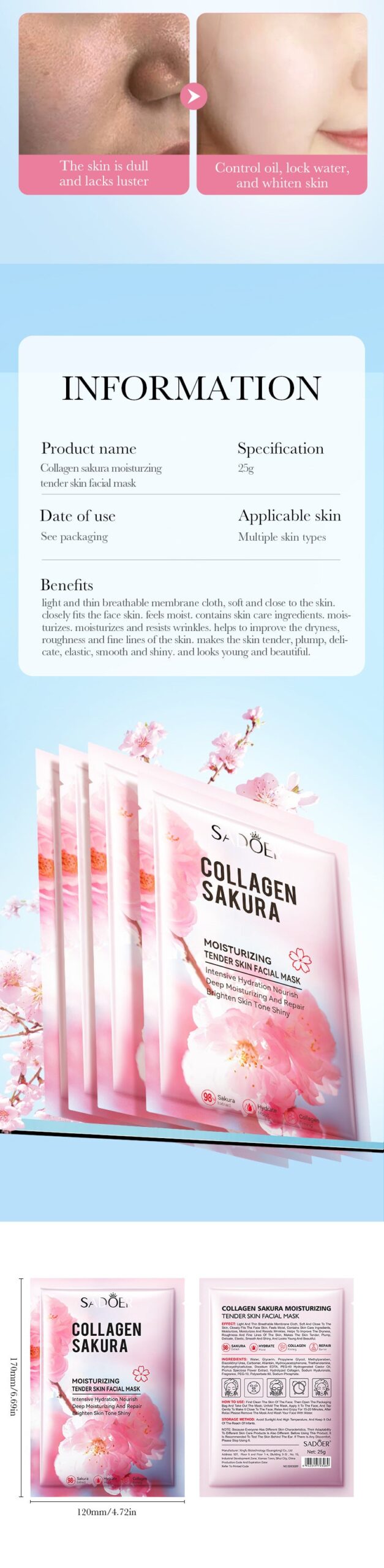 Sakura Facial Mask Sheet Pack SADOER Collagen Moisturizing Rejuvenating Nourishing Face Mask Cross-Border Wholesale - 图片 11