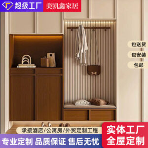 Meikexin French Style Solid Wood Entryway Shoe Rack and Coat Rack with Shoe Changing Stool, Multi-Functional Integrated Wall-Mounted Whole House Customization System