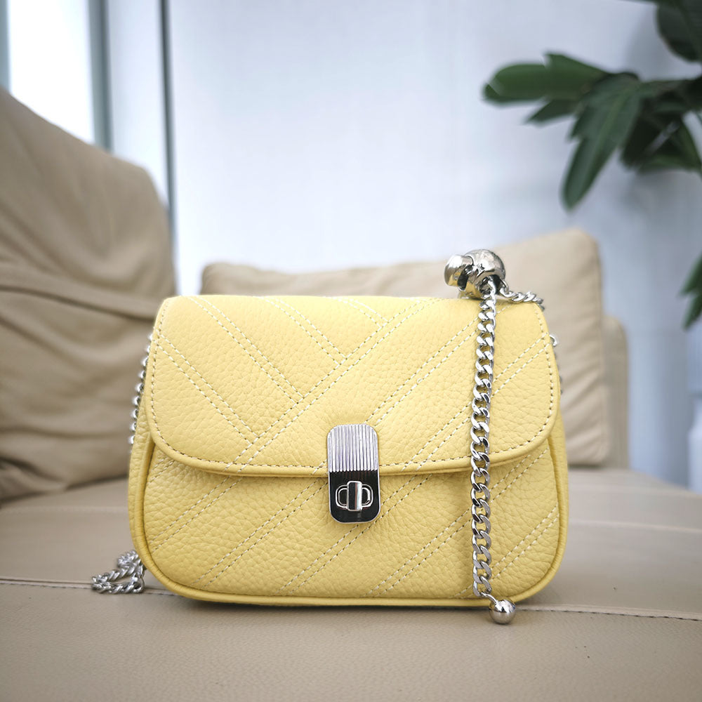 Genuine Leather Women's Bag New Metal Chain Small Square Bag Simple Versatile Chanel Style Single Shoulder Solid Color Embroidered Thread Crossbody Bag - 图片 31