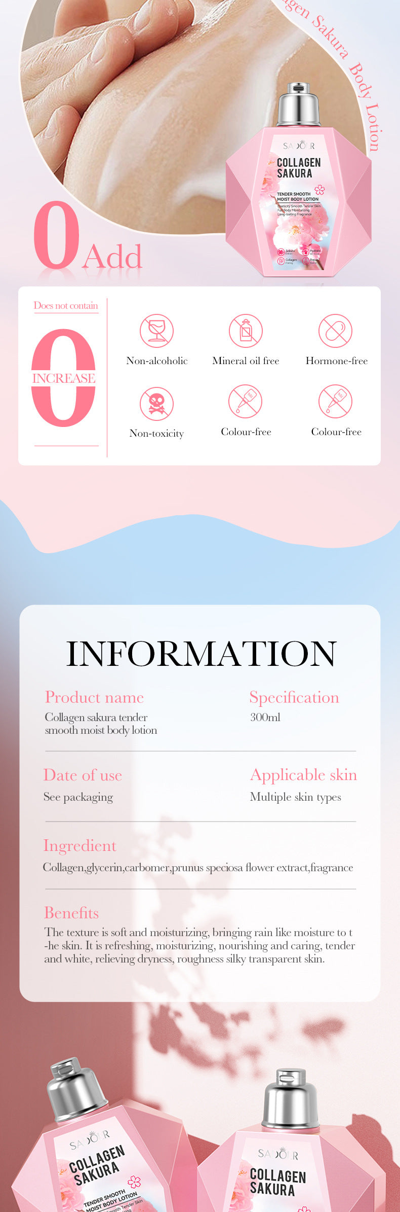 Sakura Body Lotion300ml SADOER Collagen Tender and Smooth Skin Lotion Cross-Border Wholesale - 图片 16