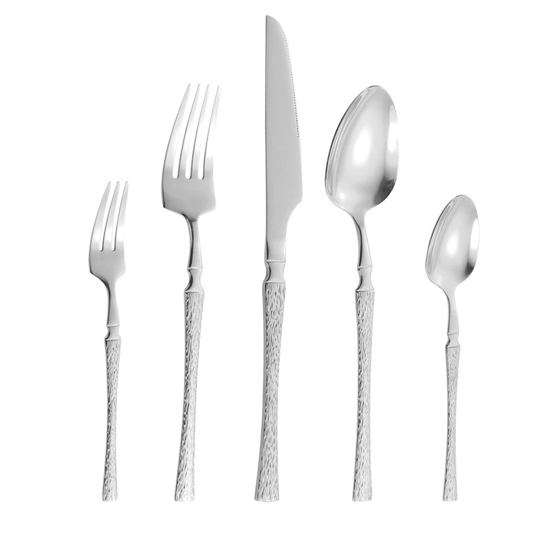 410Stainless Steel Cutlery Hotel Restaurant Hammered Knife Fork Spoon Set Western Small Waist Bark Pattern Steak Knife Fork - 图片 30