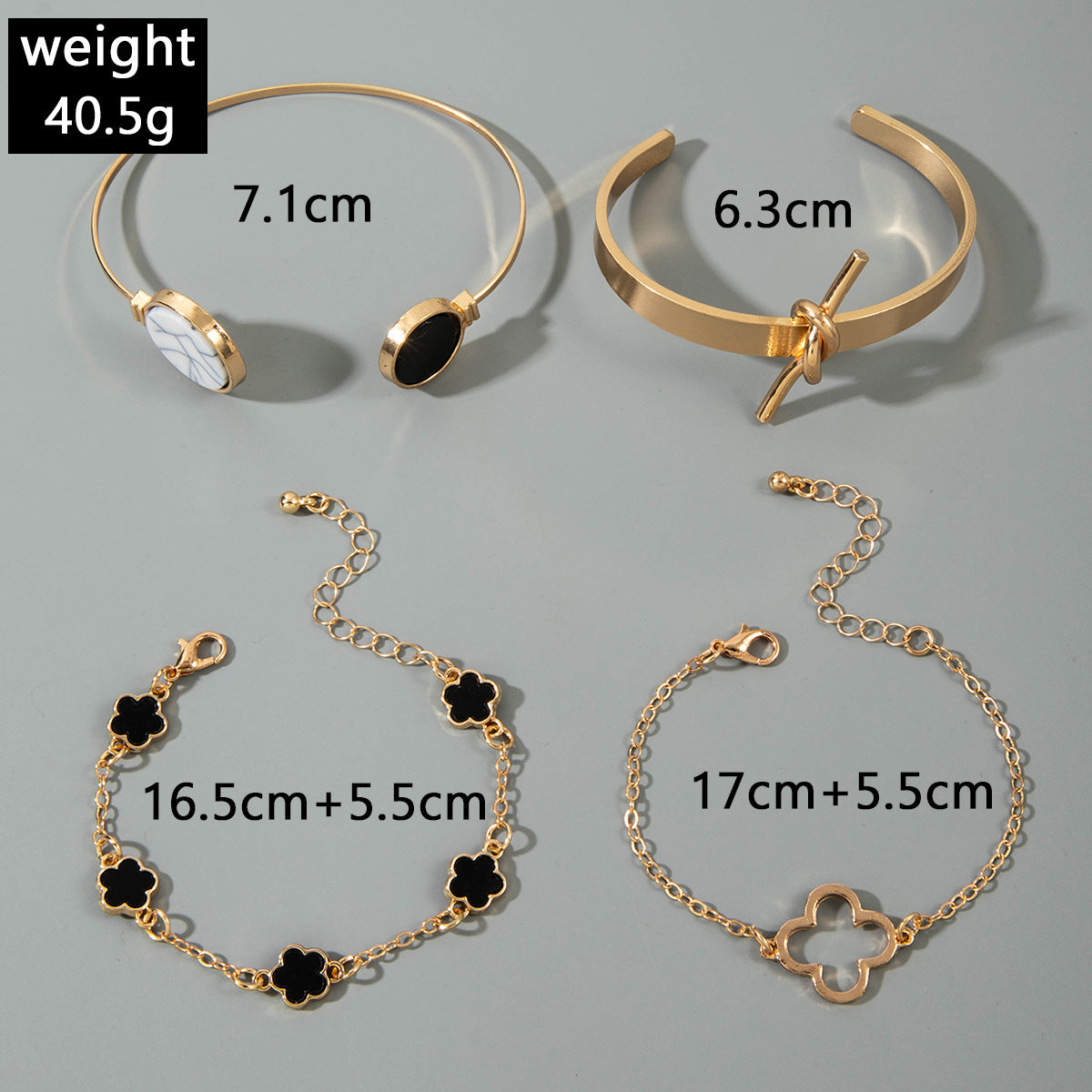 European and American Fashion Alloy Inlaid Diamond Five-Leaf Clover Bracelet Jewelry Three-Piece Set Simple Geometric Smooth Bracelet Wholesale - 图片 69