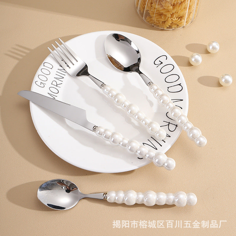 Pearl Ceramic Handle Knife European Style Set Light Luxury Nordic Style304Stainless Steel Western Cutlery Knife Fork Spoon INS - 图片 4