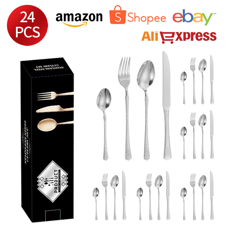 Stainless Steel Tableware Hotel Restaurant Crown Hammered Knife Fork Spoon24Set of Western Steak Knives and Forks - 图片 6