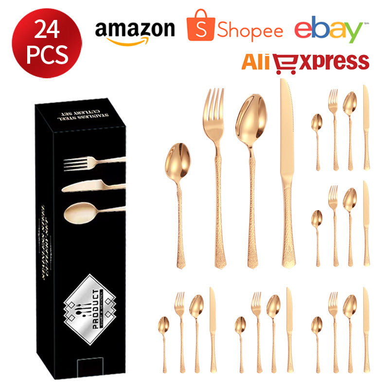 Stainless Steel Tableware Hotel Restaurant Crown Hammered Knife Fork Spoon24Set of Western Steak Knives and Forks - 图片 8