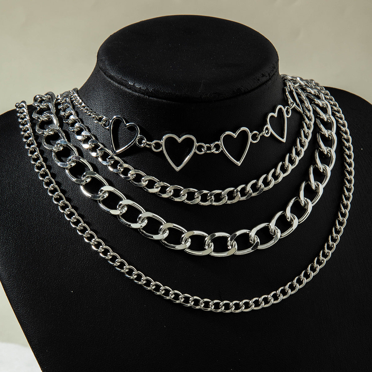 European and American Style Jewelry Hip-Hop Personality Geometric Exaggerated Necklace Heart-shaped Flat Thick Chain Hollow Multi-layer Necklace Wholesale - 图片 8