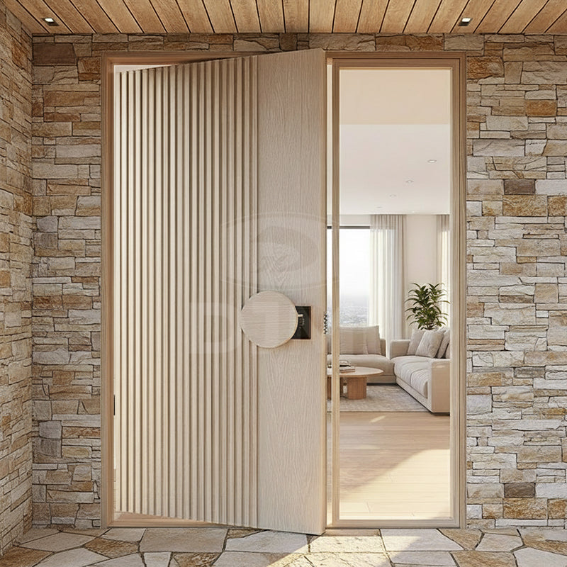 Solid Core Solid Wood White Oak Pivot Door Modern Exterior Villa Front Entry Door with Large-size Laminated Glass Side Window - 图片 3