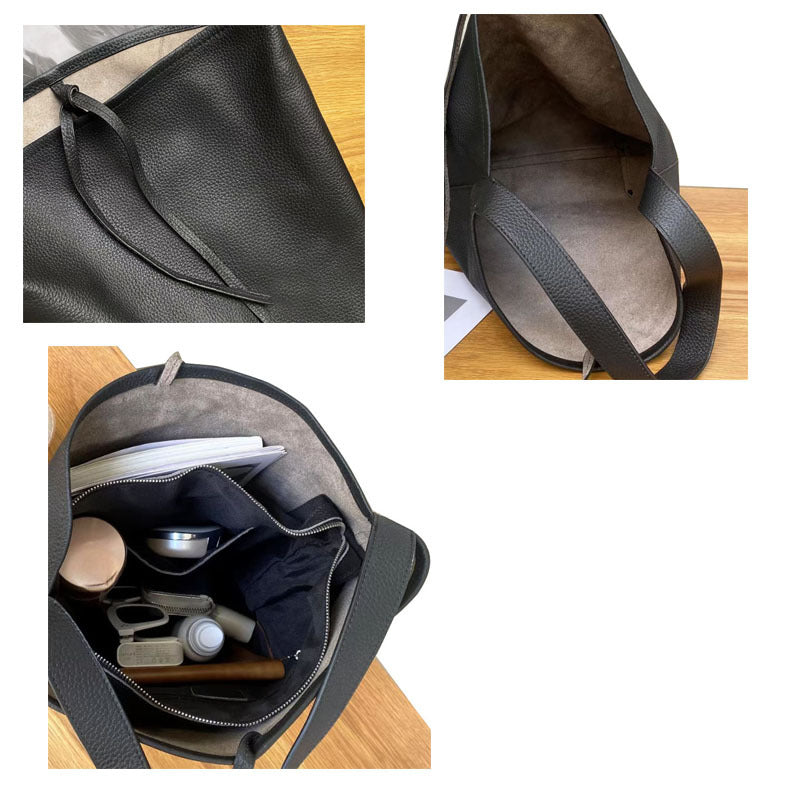 Women's Genuine Leather Underarm Bag, Large Capacity Single Shoulder Tote Bag, Top Layer Cowhide Commuter High-End Bucket Bag - 图片 14