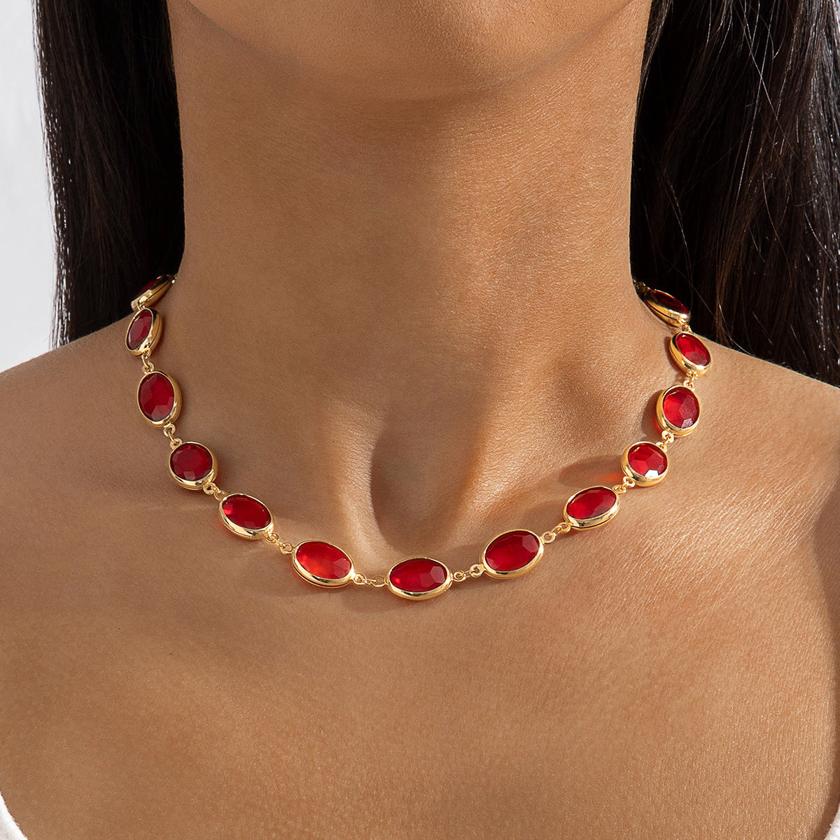 European and American Jewelry Red Diamond Cross Pendant Pearl Necklace Geometric Oval Red Diamond Necklace Wholesale - 图片 8