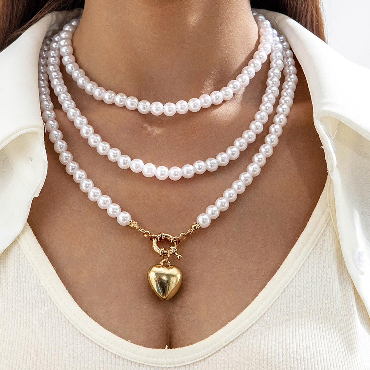 Ornament Layered Wear CCB Peach Heart Necklace Wholesale Baroque Metal Pendant Pearl Necklace - 图片 3
