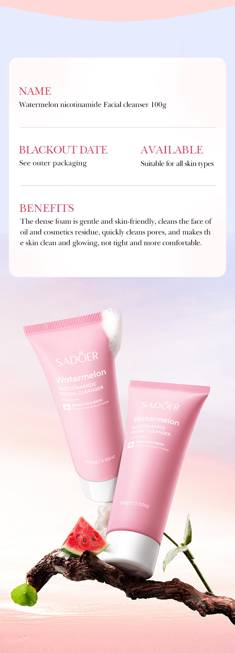 Niacinamide Watermelon Facial Cleanser SADOER Deep Cleansing Facial Cleanser Cross-Border Wholesale - 图片 18