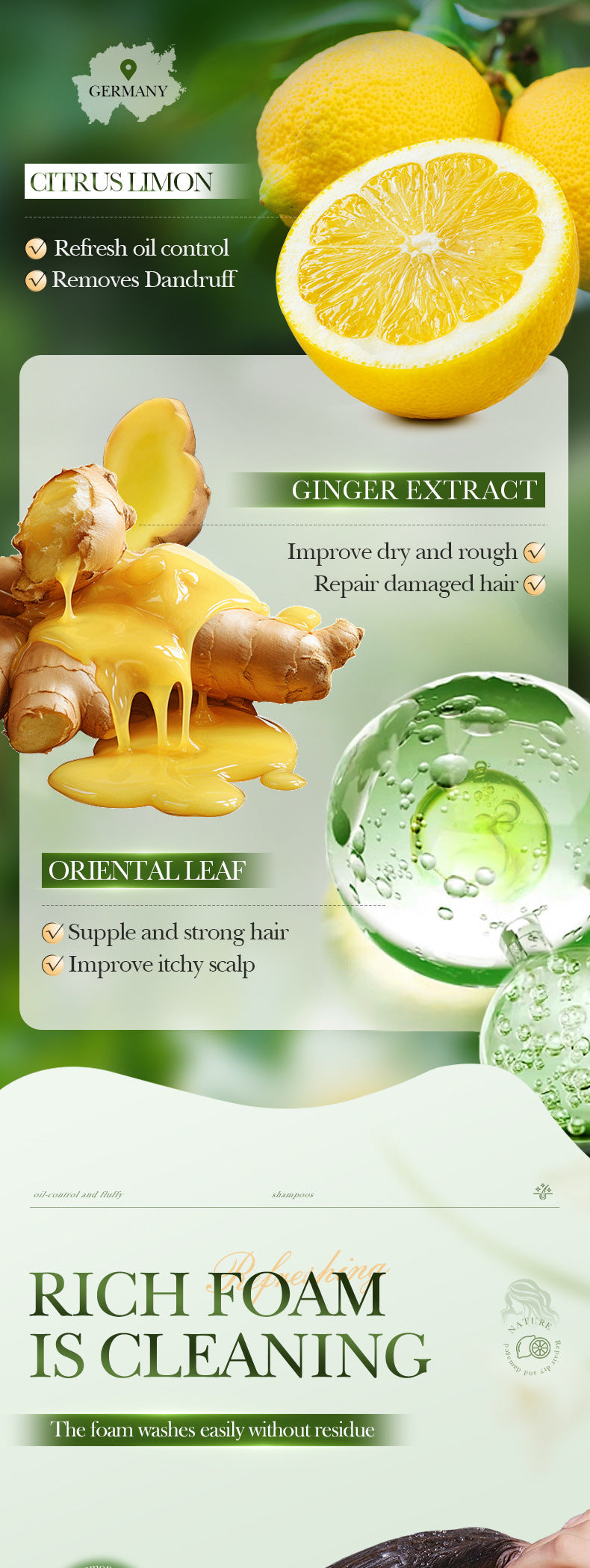 Lemon Ginger Shampoo520ml SADOER Smooth Nourishing Cleansing Shampoo Cross-Border Wholesale - 图片 12