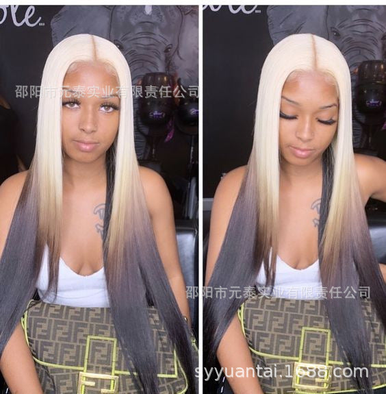 gold Brown Gradient Highlight Synthetic Wig Cross-Border Europe and America Blonde Ombre 13*4 Lace Front - 图片 9