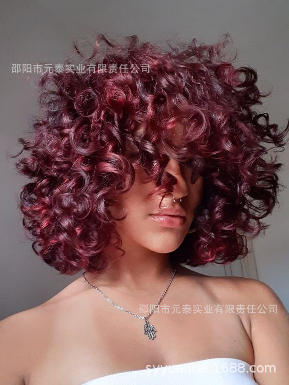Wine Red Short Bouncy Curly Bob Wig with Bang Human Hair wig - 图片 9