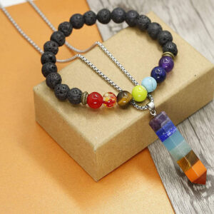 Women's Bracelet Set with Colorful Hexagonal Column, Men's Single Circle Cone Pendant, Natural Crystal Pendant Bracelet Set