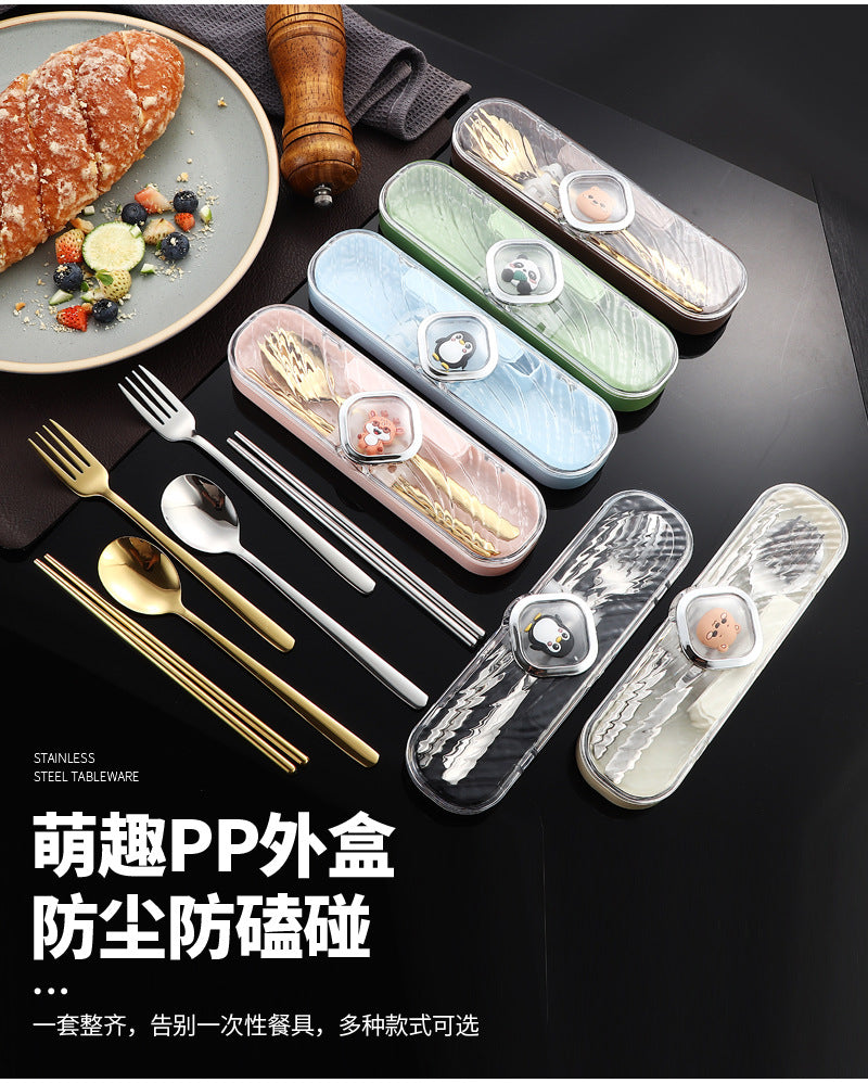 304Stainless Steel Tableware Student Cartoon Portable Tableware Set Work Outdoor Fork Spoon Chopsticks Three-piece Set - 图片 33