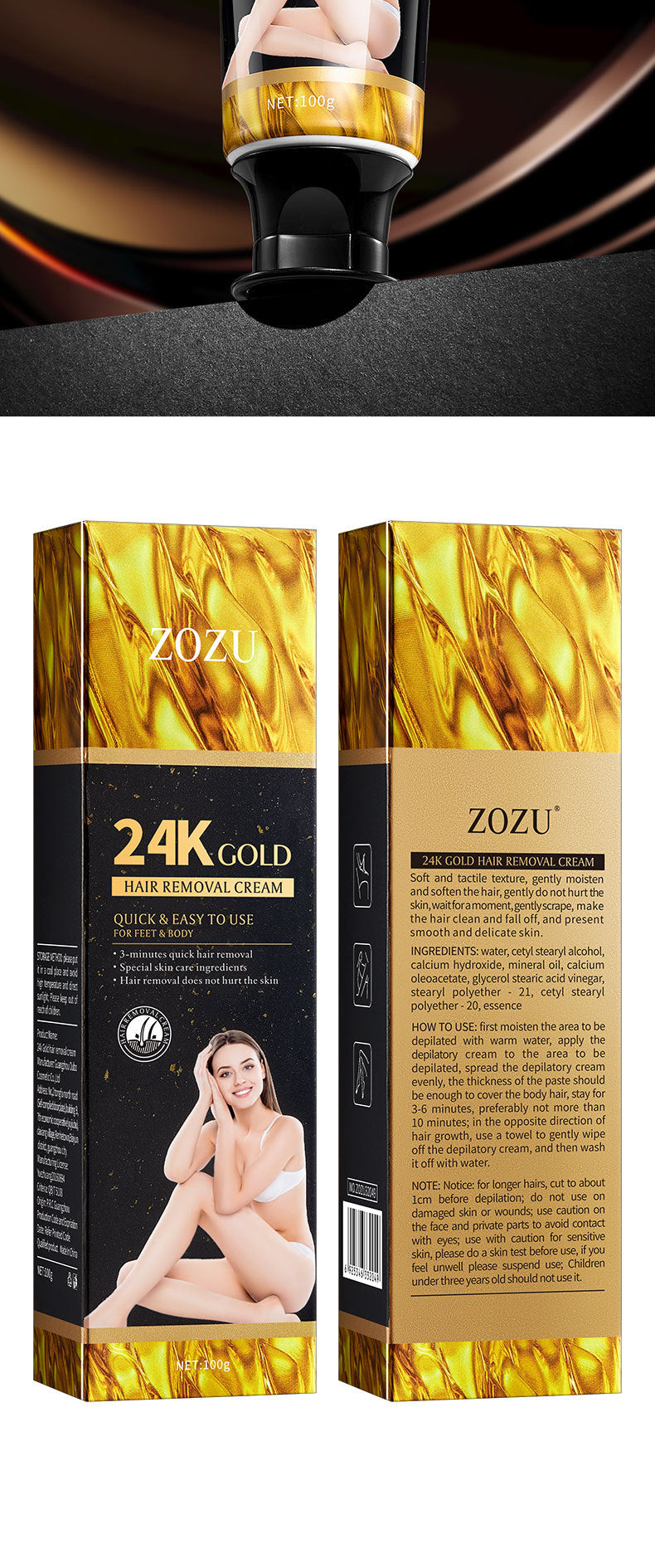 24K Gold Hair Removal Cream ZOZU Non-irritating Hair Removal Cream Wholesale for Cross-Border Trade - 图片 15
