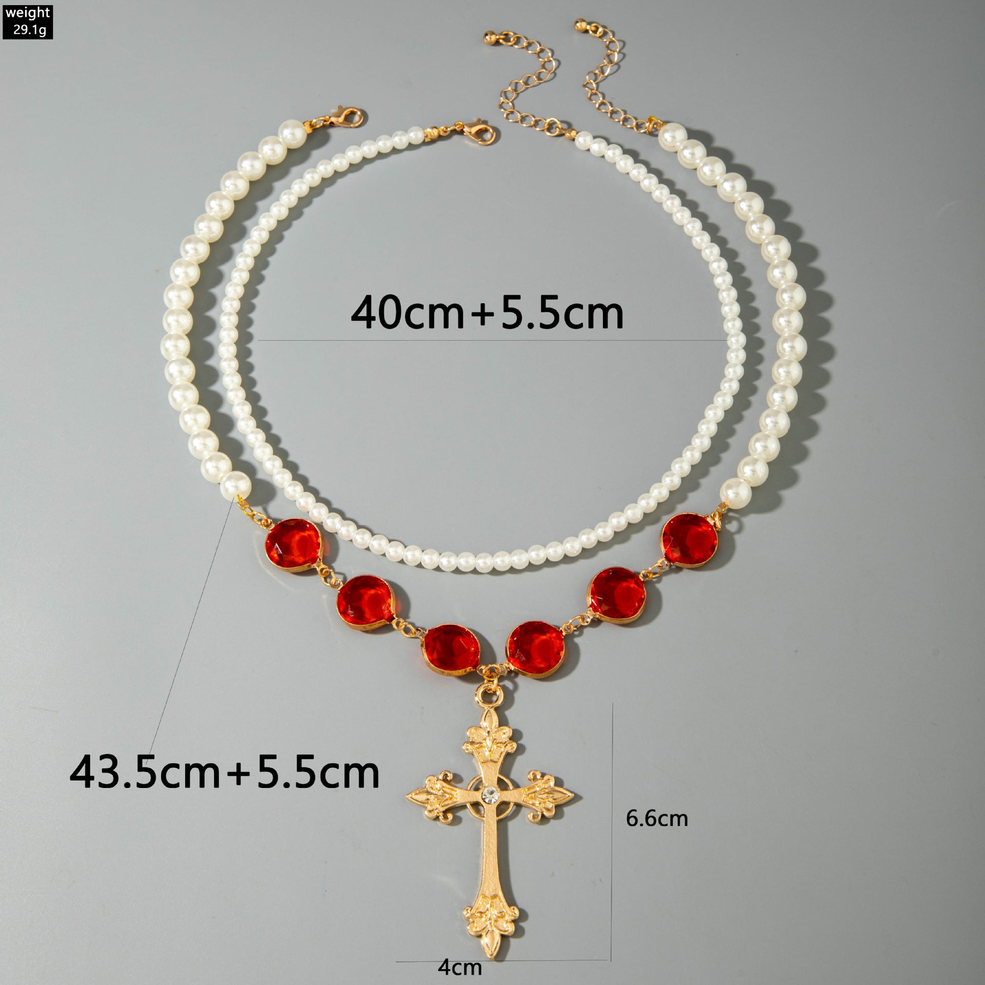 European and American Jewelry Red Diamond Cross Pendant Pearl Necklace Geometric Oval Red Diamond Necklace Wholesale - 图片 12
