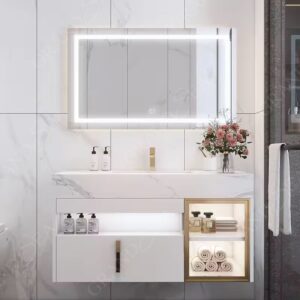Countertop MDF Modern European Bathroom Vanity with LED Mirror Customizable Size & Color Water Resistant Hotel Use