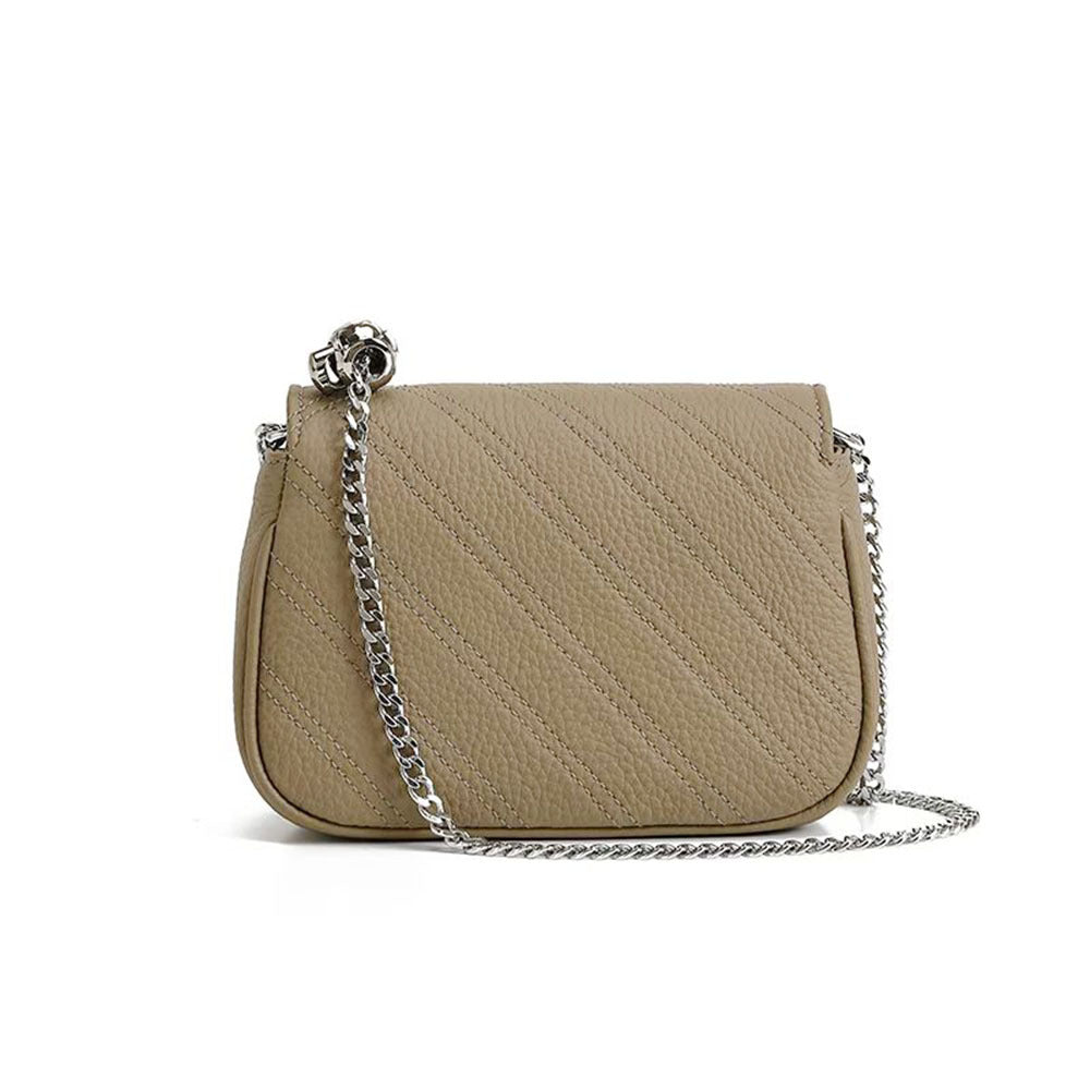 Genuine Leather Women's Bag New Metal Chain Small Square Bag Simple Versatile Chanel Style Single Shoulder Solid Color Embroidered Thread Crossbody Bag - 图片 12