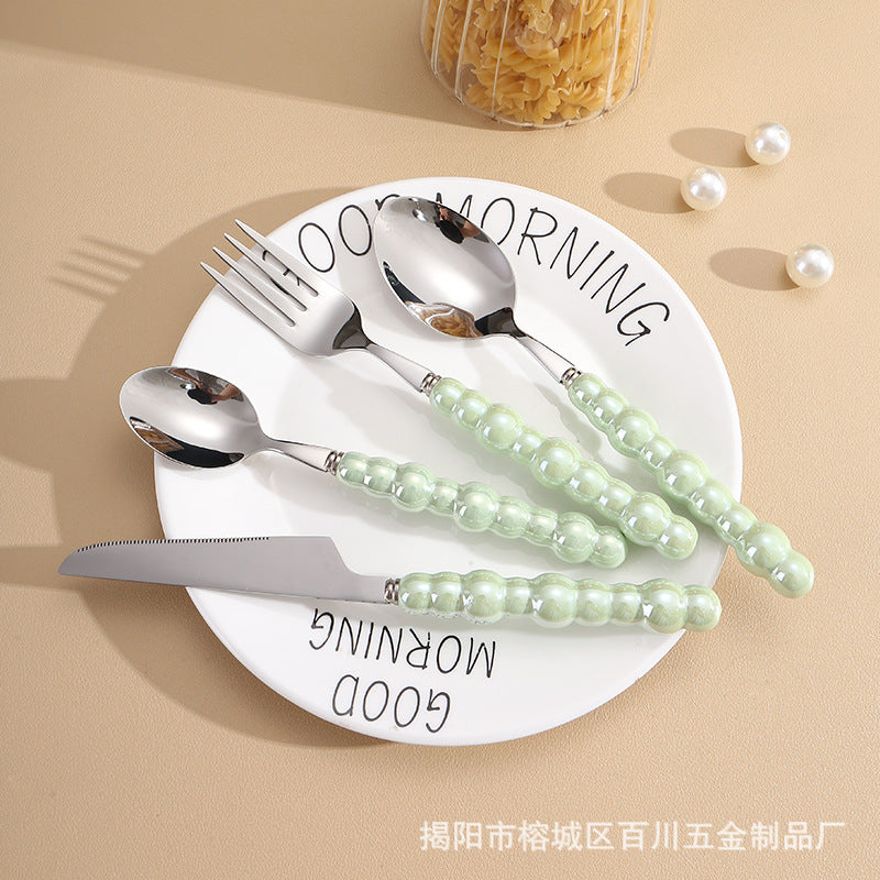 Pearl Ceramic Handle Knife European Style Set Light Luxury Nordic Style304Stainless Steel Western Cutlery Knife Fork Spoon INS - 图片 12