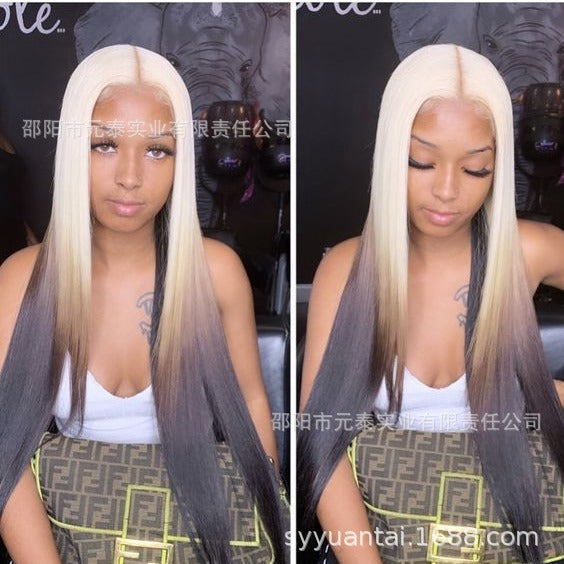 gold Brown Gradient Highlight Synthetic Wig Cross-Border Europe and America Blonde Ombre 13*4 Lace Front - 图片 3