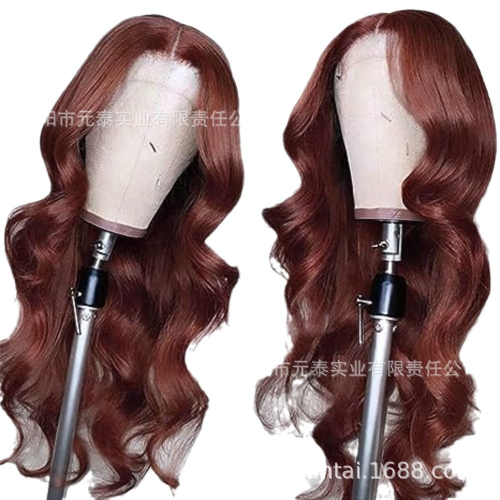 13*4Amazon European and American Wig Women's Synthetic Fiber Front Lace Long Curly Hair wig Reddish Brown Big Wave Headband - 图片 5